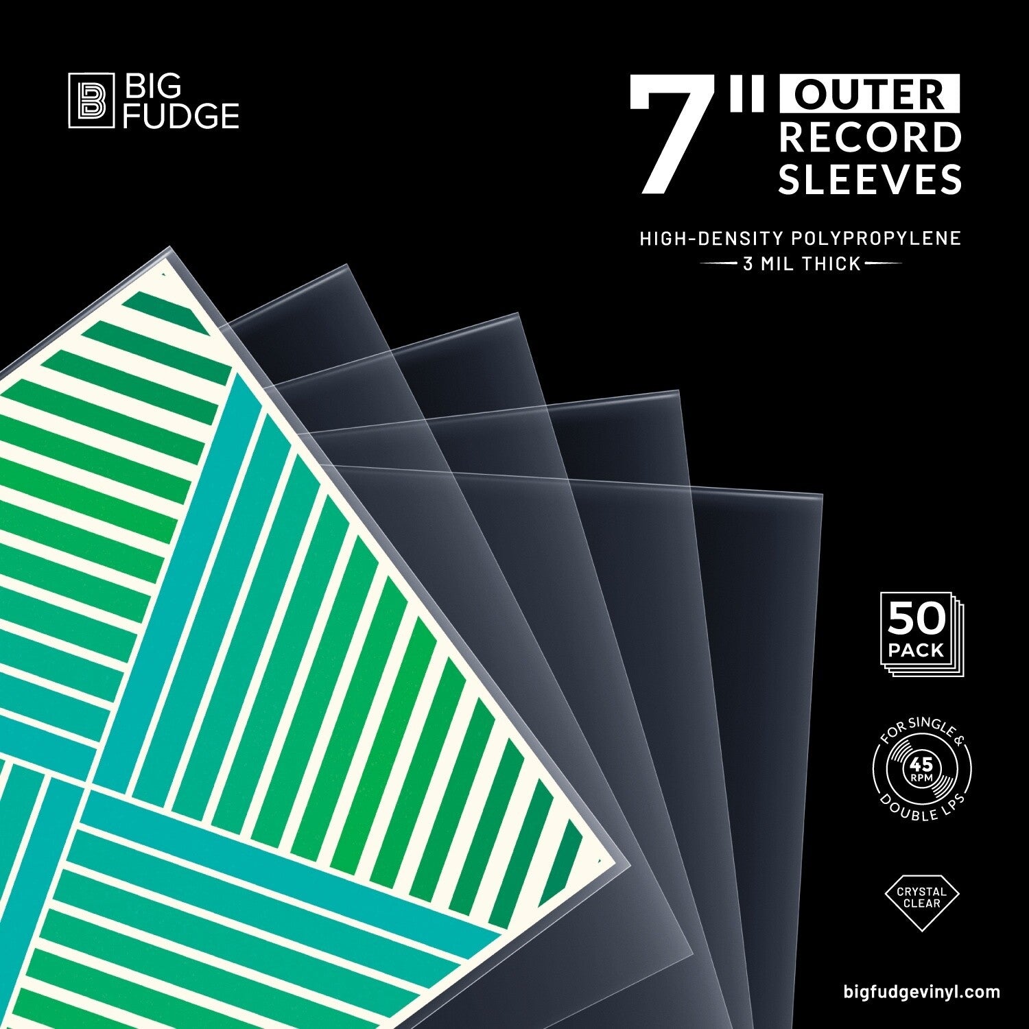 Big Fudge BFOS7x50US 7-inch 45RPM Vinyl Record Outer Sleeves 50 Pack Crystal