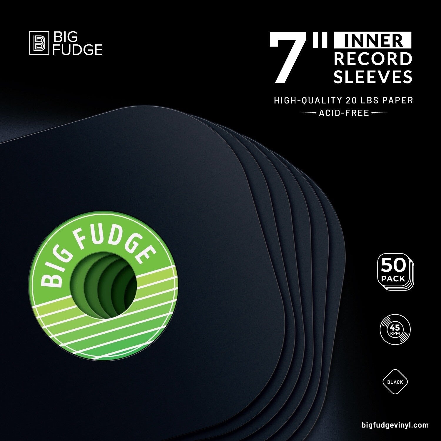 Big Fudge -B7x50US 7-inch 45RPM Vinyl Record Round Corner Inner Sleeves Acid Free Heavy Duty 7.125x7.125 50 Pack Matte - LEVITATION